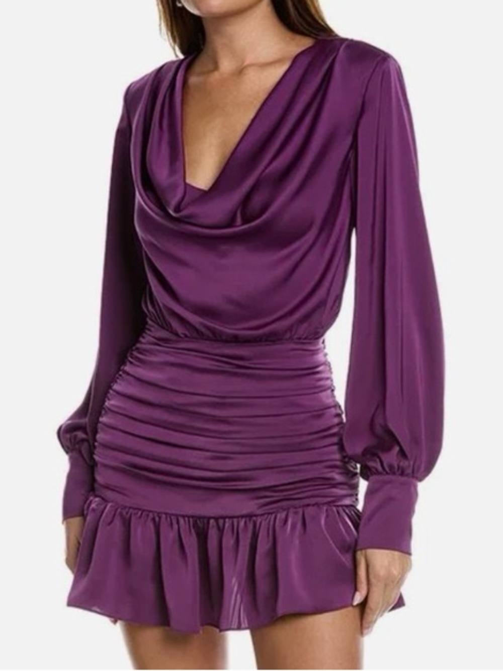 Ramy Brook “Camilla” Purple Satin Cowl-Neck Long-Sleeve Mini Dress